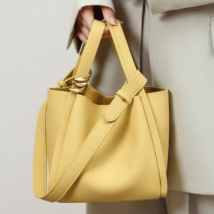 Genuine Leather Bucket Tote Bag for Women – Spacious Modern Handbag with Removable Inner Pouch & Gold Accents