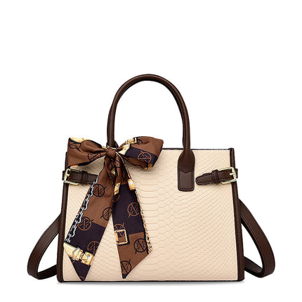 Chic Beige Handbag with Scarf Detail – Luxury Snake Texture
