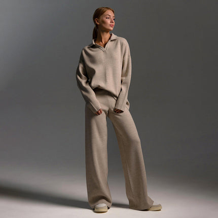 Women's Knitted Loungewear Set – Oversized Collared Sweater & Wide-Leg Elastic Waist Pants – Cozy Two-Piece Lounge Set