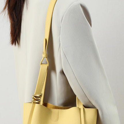 Genuine Leather Bucket Tote Bag for Women – Spacious Modern Handbag with Removable Inner Pouch & Gold Accents