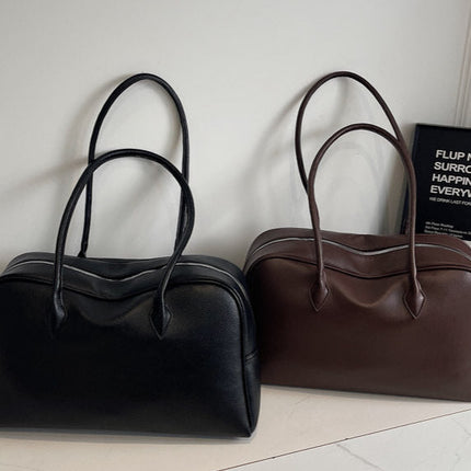 Classic Structured PU Leather Shoulder Bag for Women – Zippered Handbag with Top Handle and Detachable Strap