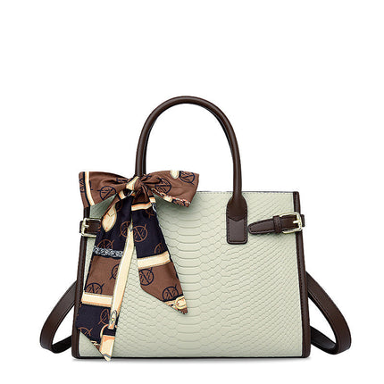 Chic Beige Handbag with Scarf Detail – Luxury Snake Texture