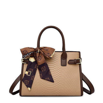 Chic Beige Handbag with Scarf Detail – Luxury Snake Texture
