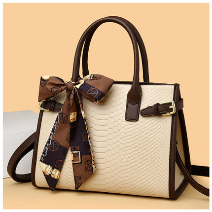 Chic Beige Handbag with Scarf Detail – Luxury Snake Texture