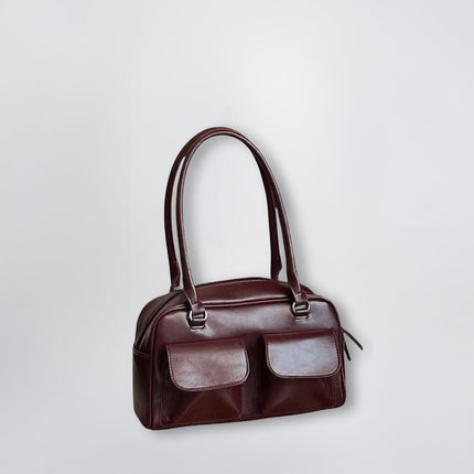 Vegan Leather Black Handbag with Dual Front Pockets – Stylish & Spacious