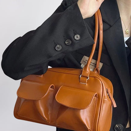 Vegan Leather Black Handbag with Dual Front Pockets – Stylish & Spacious