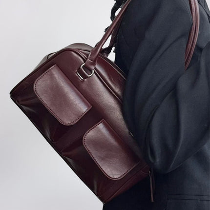 Vegan Leather Black Handbag with Dual Front Pockets – Stylish & Spacious