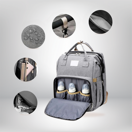 Multifunctional Diaper Backpack with Foldable Baby Bed & USB Charging Port – Waterproof & Spacious Travel Bag for Parents