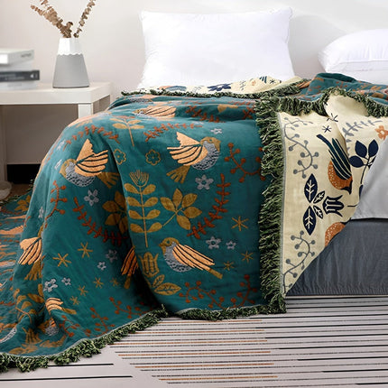 Reversible Boho Cotton Throw Blanket – Embroidered Birds & Floral Design – Soft & Breathable Bedspread