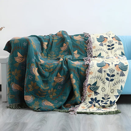 Reversible Boho Cotton Throw Blanket – Embroidered Birds & Floral Design – Soft & Breathable Bedspread