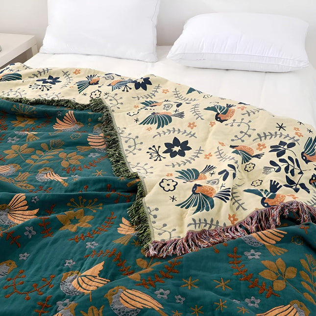 Reversible Boho Cotton Throw Blanket – Embroidered Birds & Floral Design – Soft & Breathable Bedspread