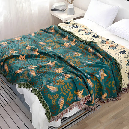 Reversible Boho Cotton Throw Blanket – Embroidered Birds & Floral Design – Soft & Breathable Bedspread