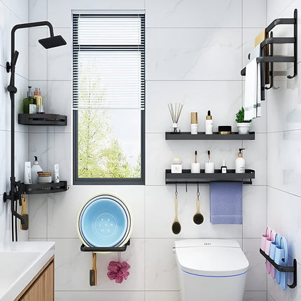 Space-Saving Wall Mounted Towel Rack – Modern Black Aluminum Bathroom Organizer (15.7"–23.6")