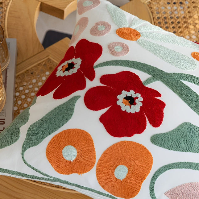 Handmade Floral Embroidered Cotton Cushion Cover – 18 × 18 inches Decorative Pillow for Living Room, Bedroom & Sofa