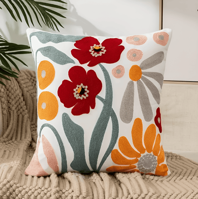 Handmade Floral Embroidered Cotton Cushion Cover – 18 × 18 inches Decorative Pillow for Living Room, Bedroom & Sofa