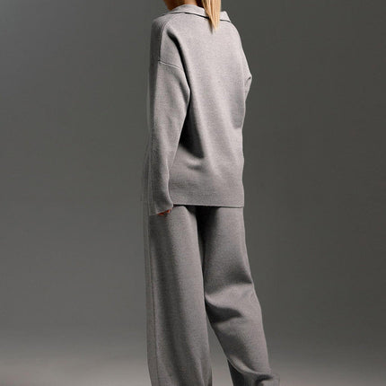 Women's Knitted Loungewear Set – Oversized Collared Sweater & Wide-Leg Elastic Waist Pants – Cozy Two-Piece Lounge Set