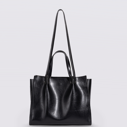 Black Leather Shopper Bag – Minimalist Tote, Spacious Work & Daily Carry