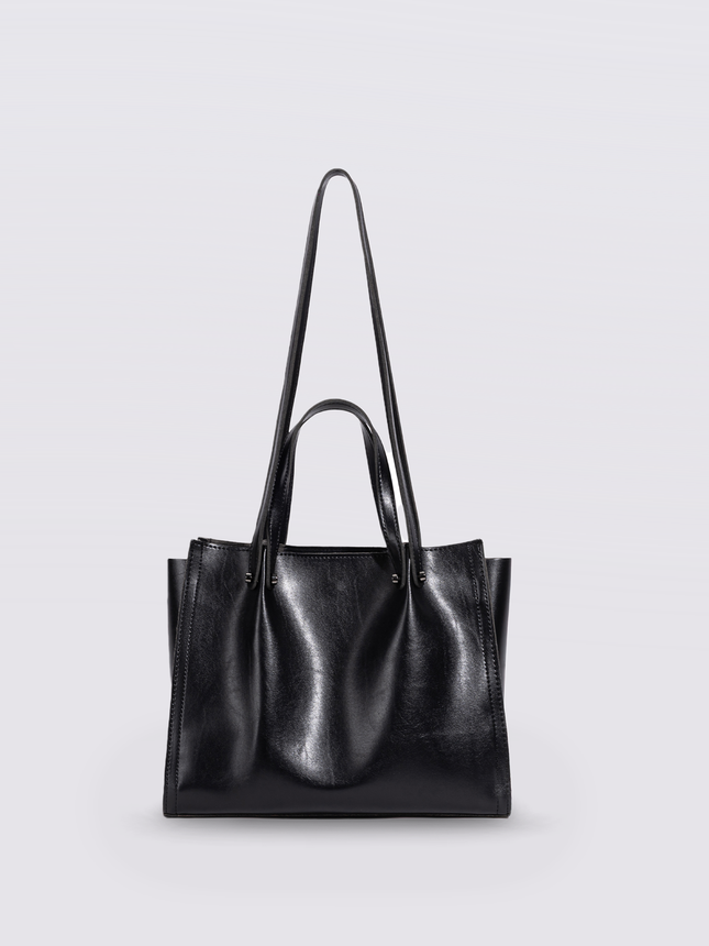 Black Leather Shopper Bag – Minimalist Tote, Spacious Work & Daily Carry