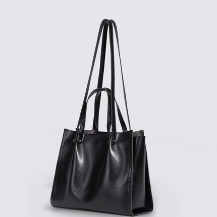 Black Leather Shopper Bag – Minimalist Tote, Spacious Work & Daily Carry