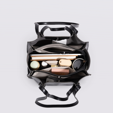 Black Leather Shopper Bag – Minimalist Tote, Spacious Work & Daily Carry