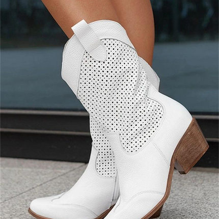 Josiane Women's White Cowboy Boots – Trendy Western Block Heels with Perforated Design