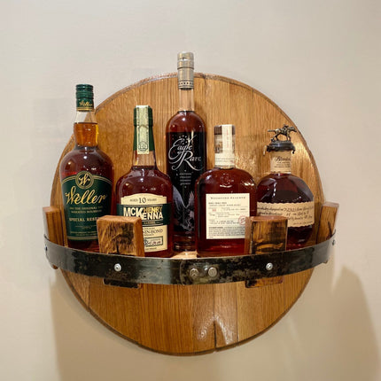 Rustic Bourbon Barrel Wall Shelf – Authentic Reclaimed Whiskey Barrel Display for Home Bars & Collectors