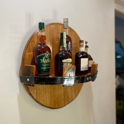 Rustic Bourbon Barrel Wall Shelf – Authentic Reclaimed Whiskey Barrel Display for Home Bars & Collectors