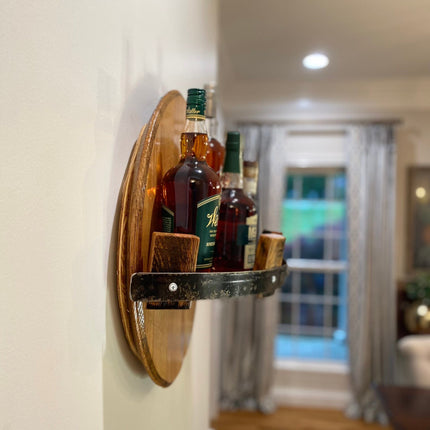 Rustic Bourbon Barrel Wall Shelf – Authentic Reclaimed Whiskey Barrel Display for Home Bars & Collectors