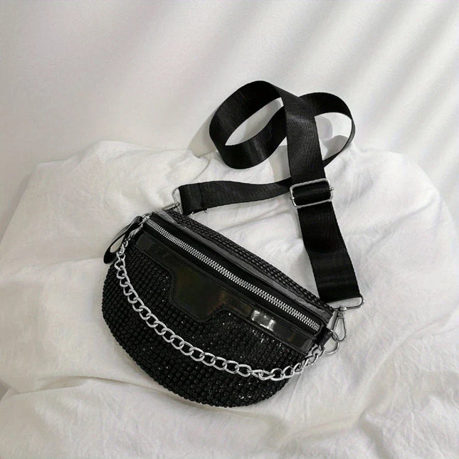 Trendy Black Crossbody Waist Bag with Chain Strap – Stylish Faux Leather Belt Bag for Women
