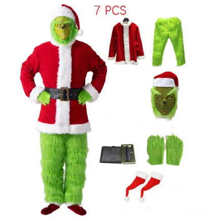 Grinch Christmas Costume – 7-Piece Furry Santa Outfit for Adults | Funny Holiday Cosplay Suit