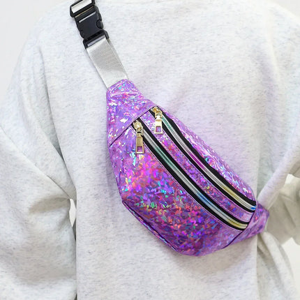 Holographic Fanny Pack & Crossbody – Iridescent Festival Waist Bag with Zipper Closure – Adjustable Belt for Concerts & Street Style