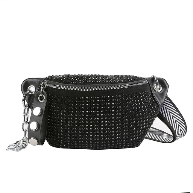 Black Rhinestone Crossbody Festival Bag with Chain Strap – Glamorous Street Style Clutch for Parties and Nights Out