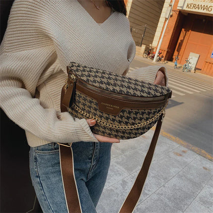 Brown & Beige Houndstooth Fanny Pack Belt Bag – Women’s Crossbody Waist Bag