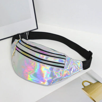Holographic Fanny Pack – Reflective Festival Crossbody Bag with Zipper – Adjustable Waist & Shoulder Strap – Trendy Neon Silver & Purple Design