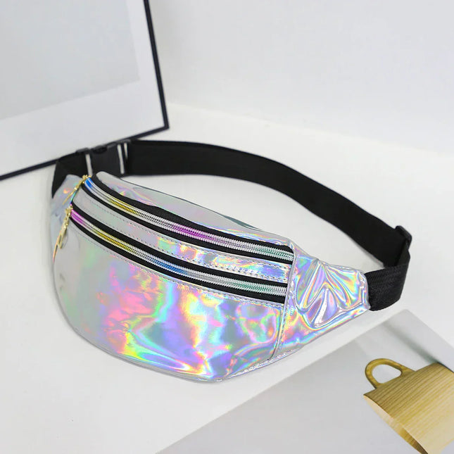 Holographic Fanny Pack – Reflective Festival Crossbody Bag with Zipper – Adjustable Waist & Shoulder Strap – Trendy Neon Silver & Purple Design