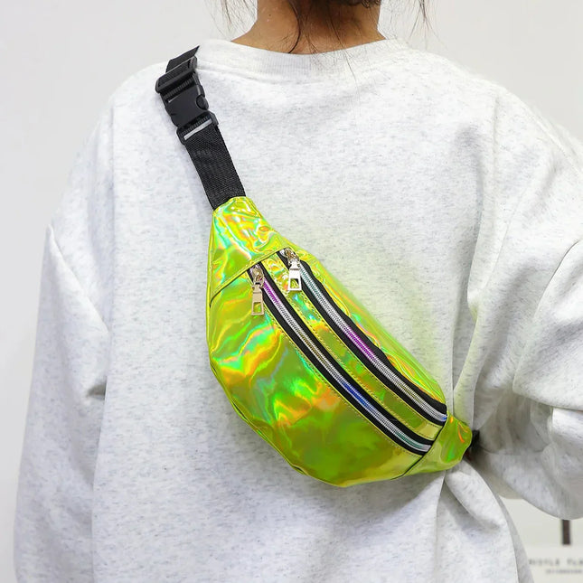 Holographic Fanny Pack – Reflective Festival Crossbody Bag with Zipper – Adjustable Waist & Shoulder Strap – Trendy Neon Silver & Purple Design