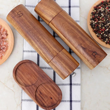 Wooden Salt & Pepper Grinder Set with Tray – 8.9" x 2.2" Elegant Kitchen Spice Mills