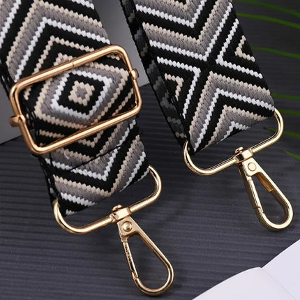Adjustable Black & White Geometric Bag Strap – Stylish Replacement Purse Strap with Metal Clasps