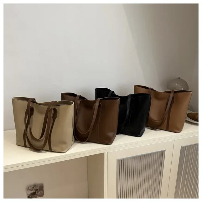 Elegant Structured PU Leather Tote Bag for Women – Retro Korean-Inspired Design with Spacious Interior