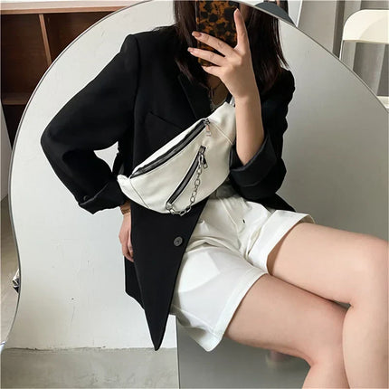Minimalist Unisex Crossbody Belt Bag with Zipper Closure & Chain Detail – Versatile Faux Leather Waist and Shoulder Bag
