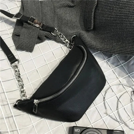 Black Crossbody Belt Bag with Subtle Chain Detail – Minimalist Faux Leather Waist Purse