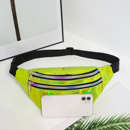 Holographic Fanny Pack – Reflective Festival Crossbody Bag with Zipper – Adjustable Waist & Shoulder Strap – Trendy Neon Silver & Purple Design
