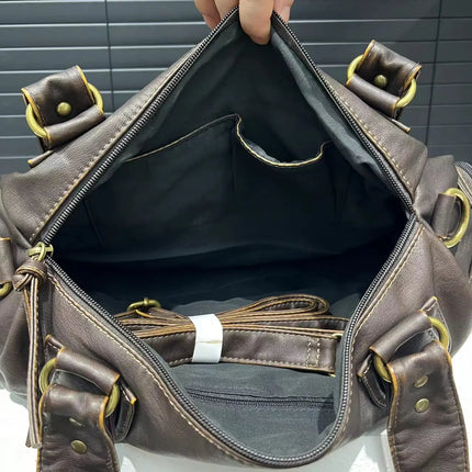 Luxe Brown Leather Shoulder Bag for Women – Spacious Handbag with Multiple Zip Compartments