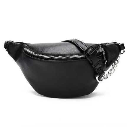 Black Crossbody Belt Bag with Subtle Chain Detail – Minimalist Faux Leather Waist Purse