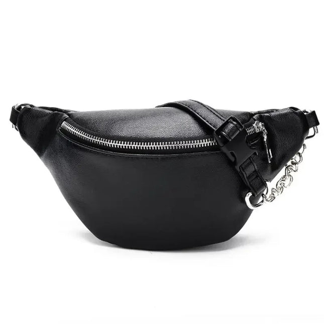Black Crossbody Belt Bag with Subtle Chain Detail – Minimalist Faux Leather Waist Purse