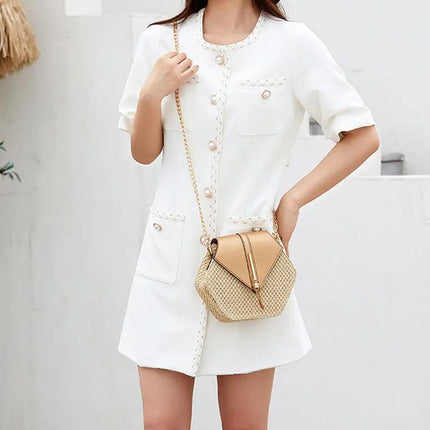 Women's Straw Shoulder Bag with Leather Accents – Lightweight & Elegant Summer Handbag