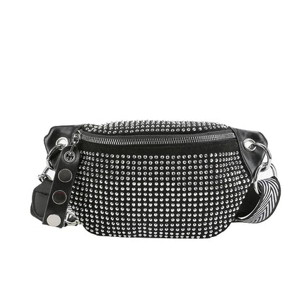 Black Rhinestone Crossbody Festival Bag with Chain Strap – Glamorous Street Style Clutch for Parties and Nights Out