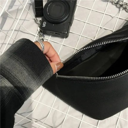 Black Crossbody Belt Bag with Subtle Chain Detail – Minimalist Faux Leather Waist Purse