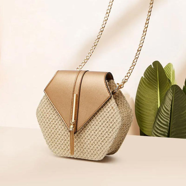 Women's Straw Shoulder Bag with Leather Accents – Lightweight & Elegant Summer Handbag