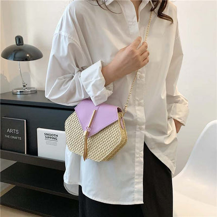 Women's Straw Shoulder Bag with Leather Accents – Lightweight & Elegant Summer Handbag